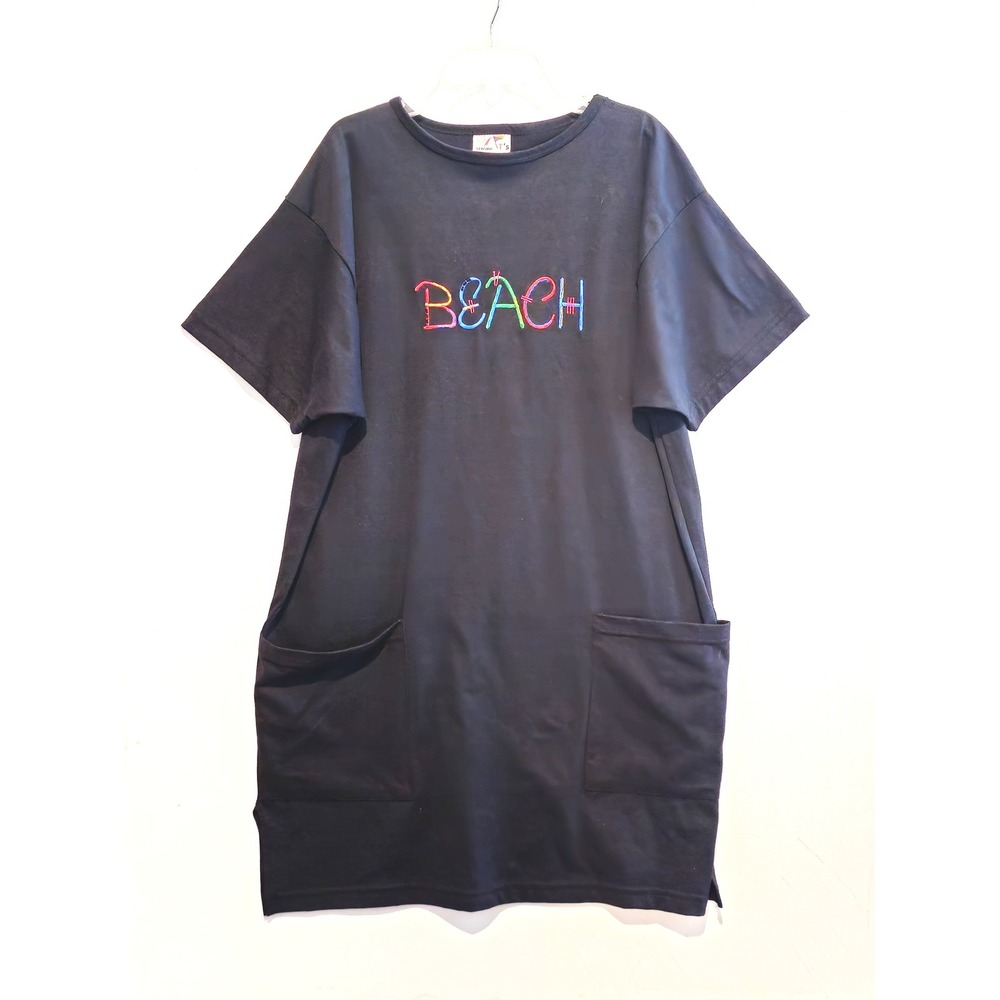 Seaside Ts Black T Shirt Dress One Size Beach Embroidered Pockets Made in USA